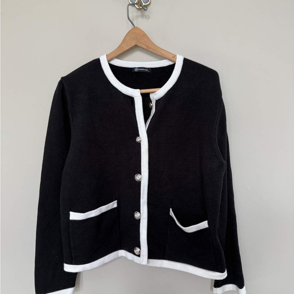 PrettyGarden | Black & White Trim Knit Cardigan Jacket
